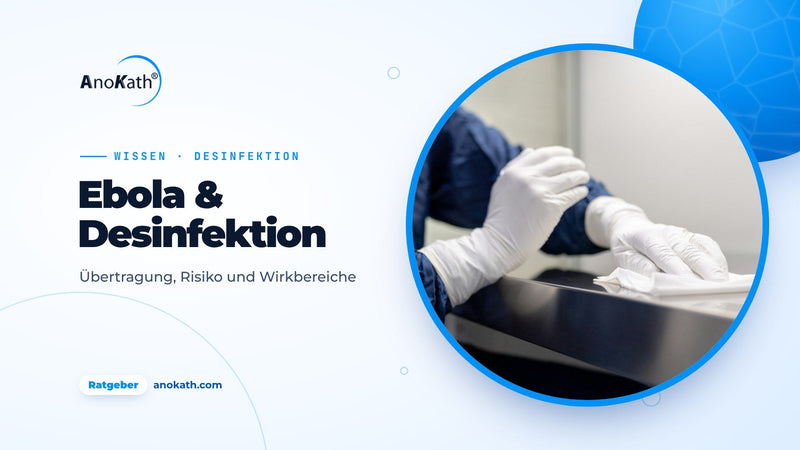 Person in blauem Schutzkittel und Handschuhen wischt eine Edelstahlfläche ab, Titelbild zum Ratgeber Ebola und Desinfektion