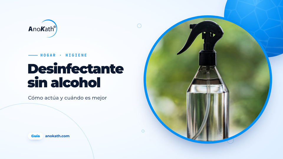 Pulverizador verde sin etiqueta sobre una mesa con el fondo desenfocado, imagen de portada del artículo sobre el desinfectante sin alcohol