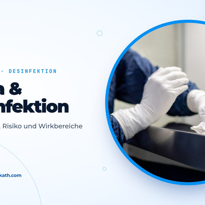 Person in blauem Schutzkittel und Handschuhen wischt eine Edelstahlfläche ab, Titelbild zum Ratgeber Ebola und Desinfektion