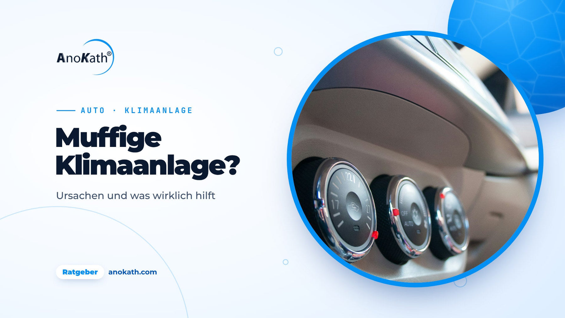 Bedienelemente einer Auto-Klimaanlage im Armaturenbrett, Titelbild zum Ratgeber Auto-Klimaanlage