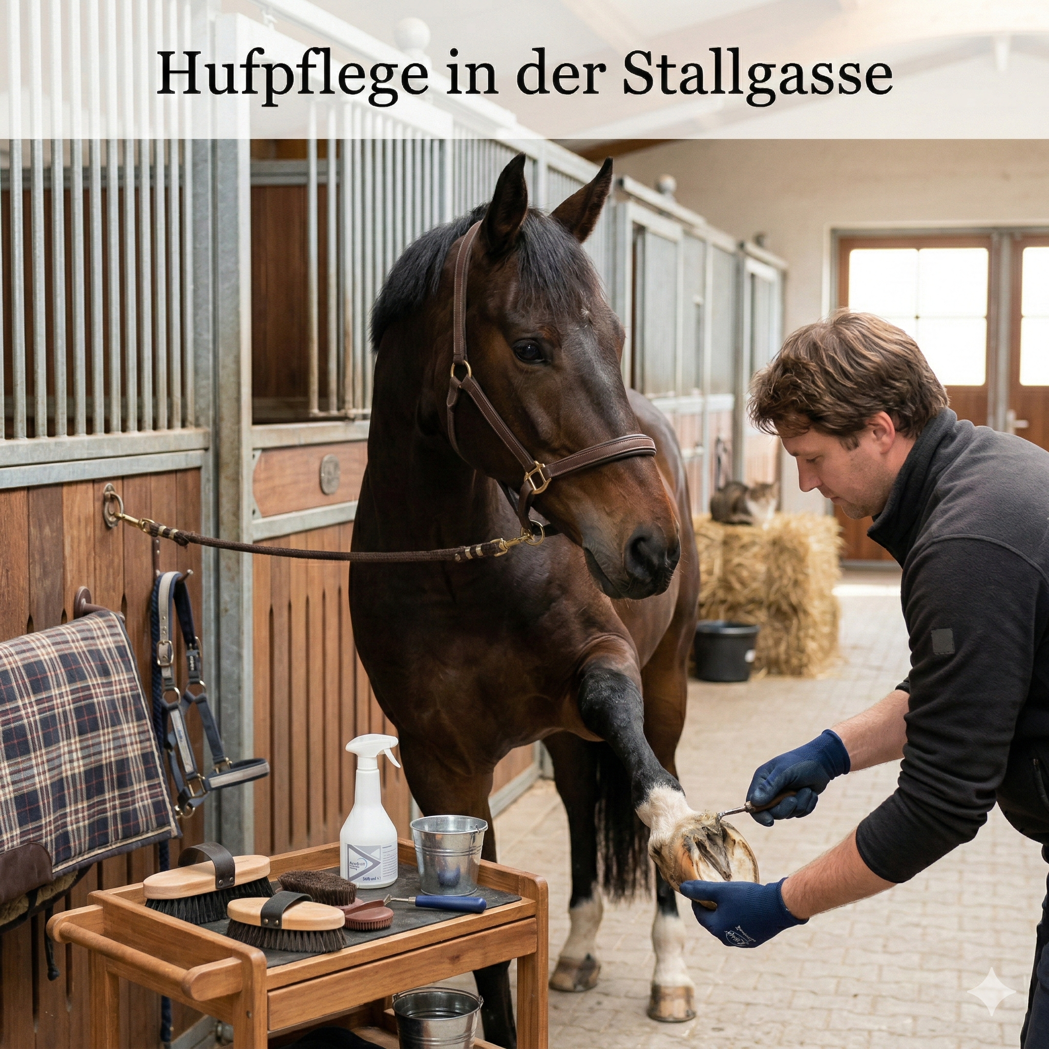 Tägliche Hufpflege im Stall zur Vorbeugung von Strahlfäule und Hufpilz mit AnoKath.