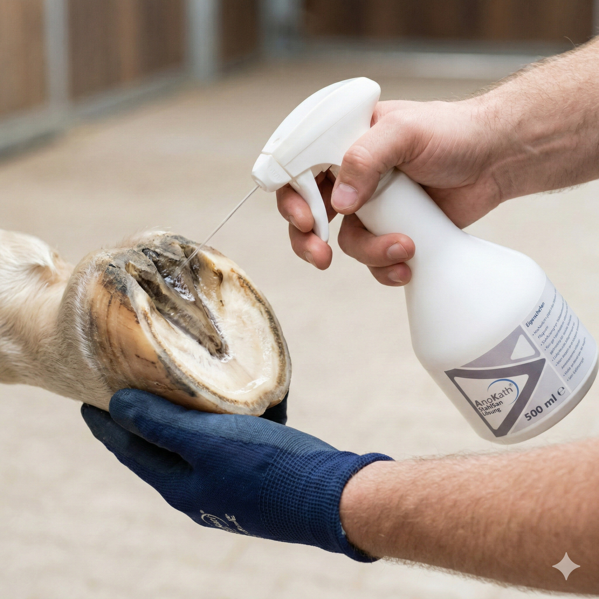 Anwendung von AnoKath StrahlSan: Gezielte Behandlung der mittleren Strahlfurche bei Strahlfäule am Pferdehuf.