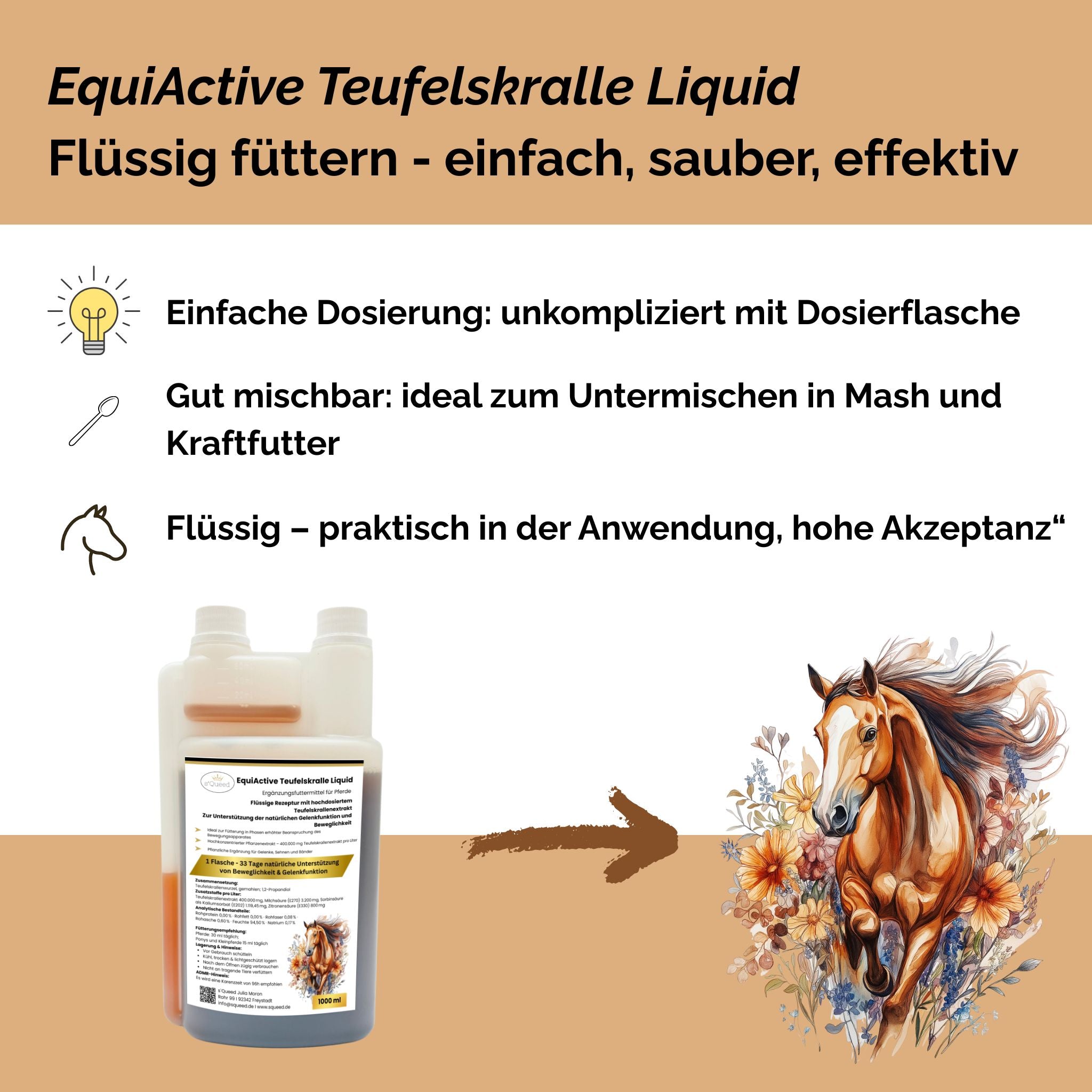 EquiActive Griffe du diable liquide – Griffe du diable pour chevaux, liquide, 1000 ml
