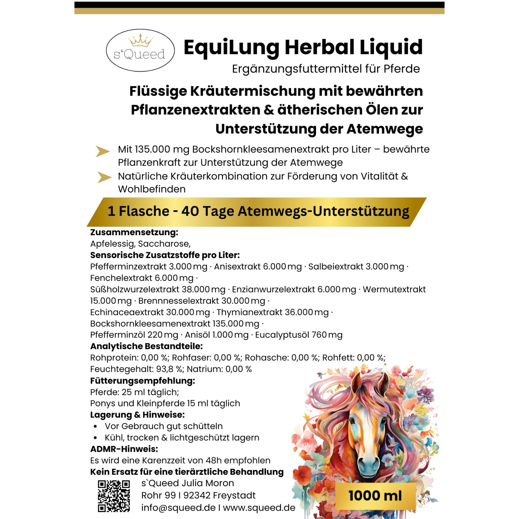 EquiLung Herbal Liquide 1000 ml – complément alimentaire liquide pour soutenir le système respiratoire des chevaux