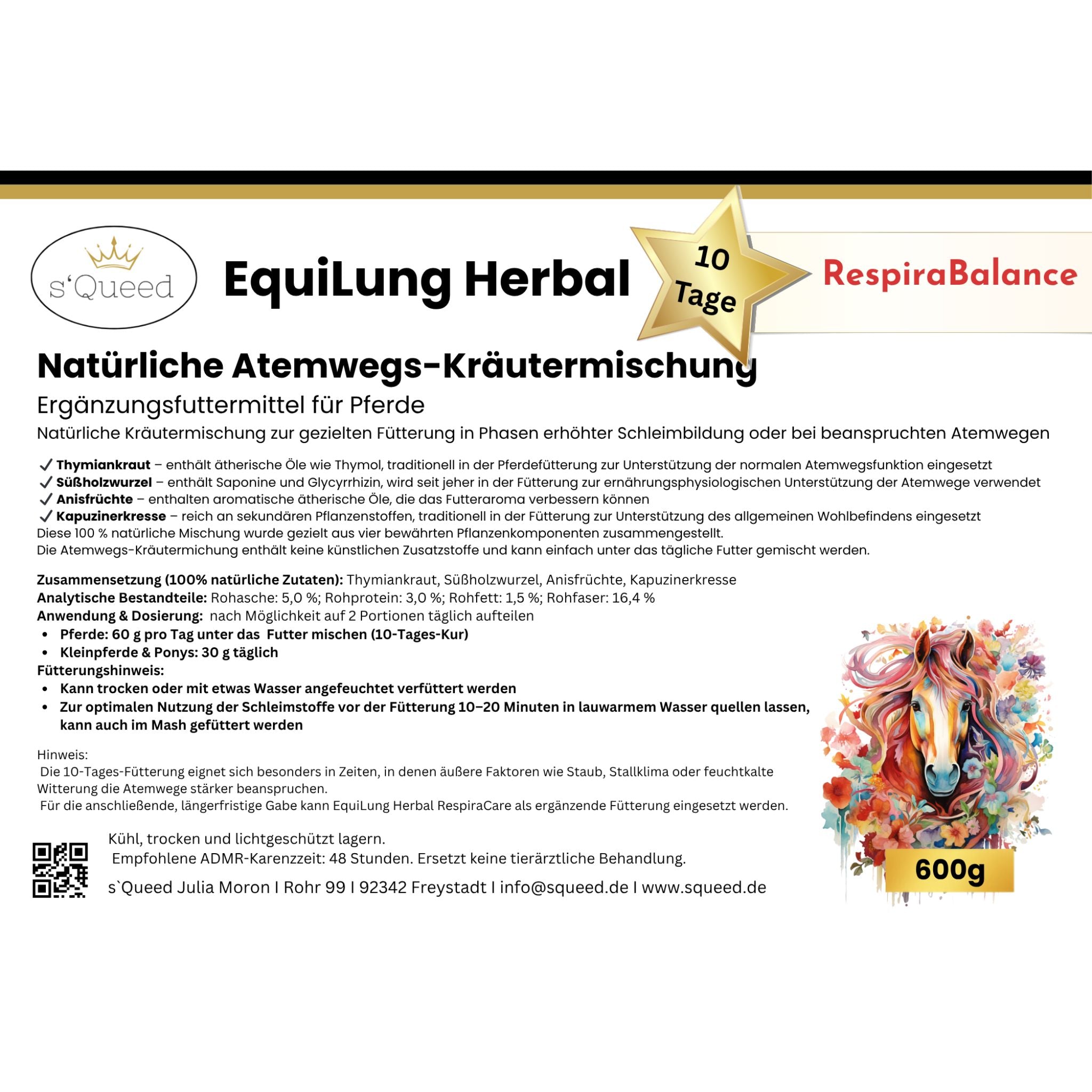 EquiLung Herbal RespiraBalance – mélange de plantes pour chevaux pendant les périodes de production accrue de mucus ou lorsque le système respiratoire est stressé.