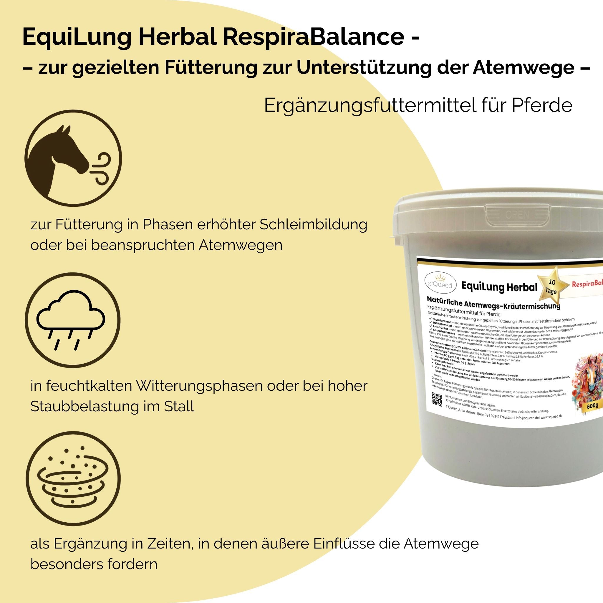 EquiLung Herbal RespiraBalance – mélange de plantes pour chevaux pendant les périodes de production accrue de mucus ou lorsque le système respiratoire est stressé.