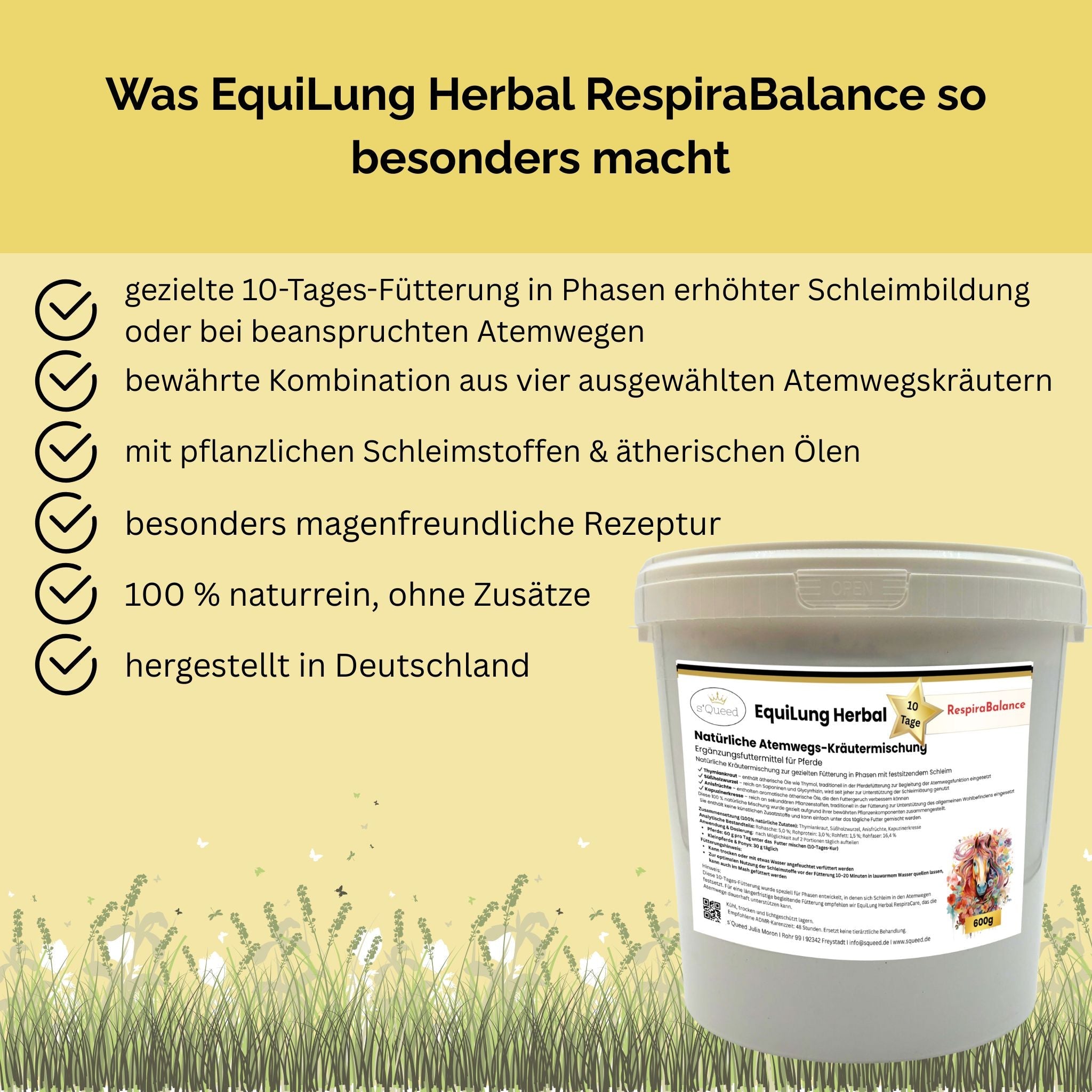 EquiLung Herbal RespiraBalance – mélange de plantes pour chevaux pendant les périodes de production accrue de mucus ou lorsque le système respiratoire est stressé.