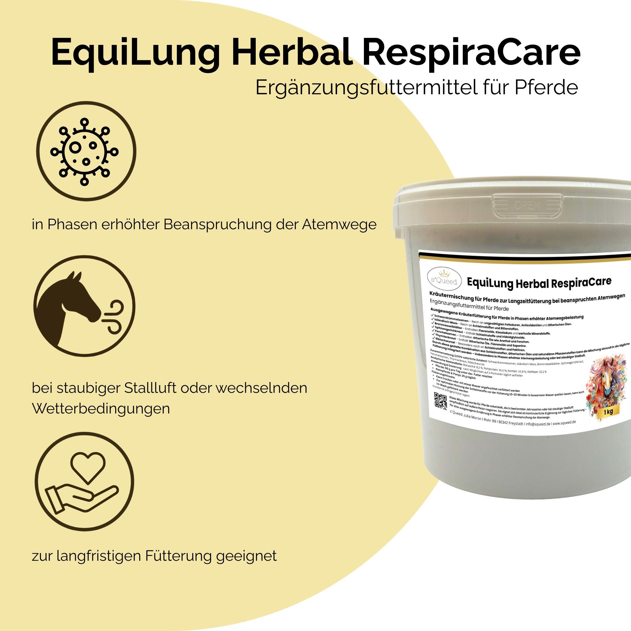 EquiLung Herbal RespiraCare – Mélange à base de plantes pour chevaux, destiné à une alimentation de longue durée en cas de problèmes respiratoires.