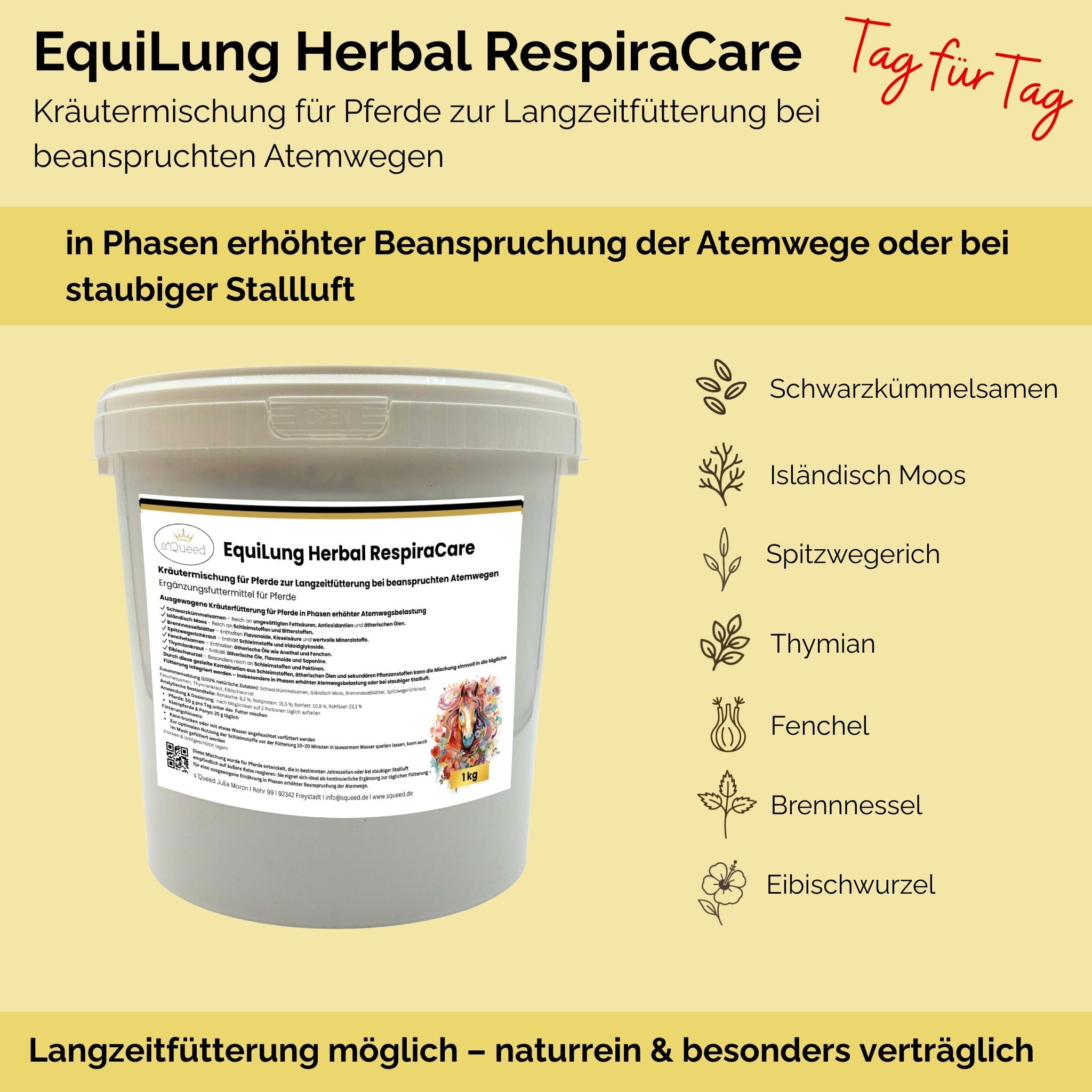 EquiLung Herbal RespiraCare – Mélange à base de plantes pour chevaux, destiné à une alimentation de longue durée en cas de problèmes respiratoires.