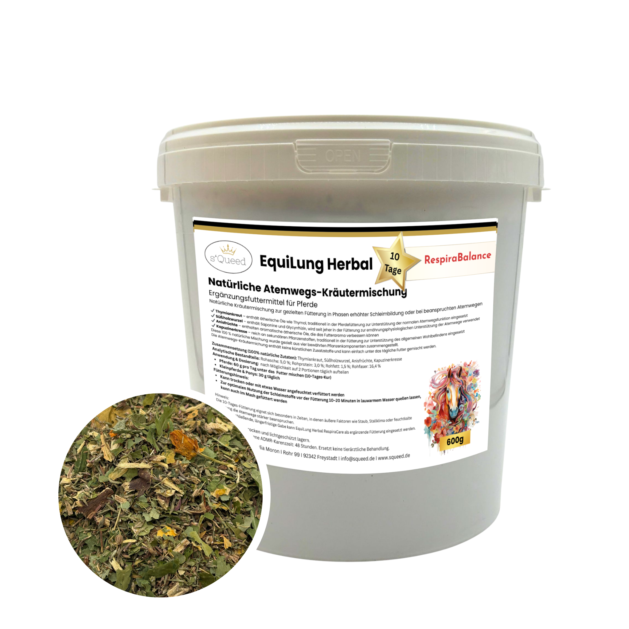 EquiLung Herbal RespiraBalance – mélange de plantes pour chevaux pendant les périodes de production accrue de mucus ou lorsque le système respiratoire est stressé.