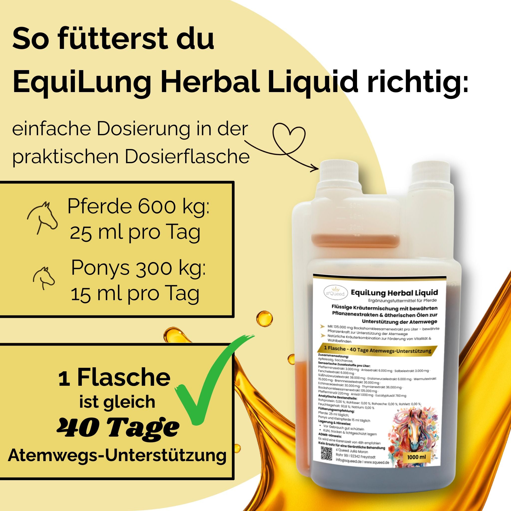 Pack économique de 3 × EquiLung Herbal Liquide – Aliment complémentaire liquide pour chevaux souffrant de problèmes respiratoires