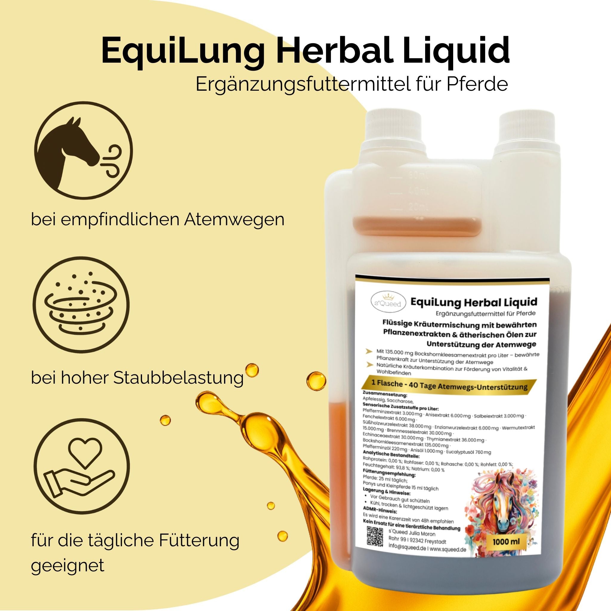 EquiLung Herbal Liquide 1000 ml – complément alimentaire liquide pour soutenir le système respiratoire des chevaux