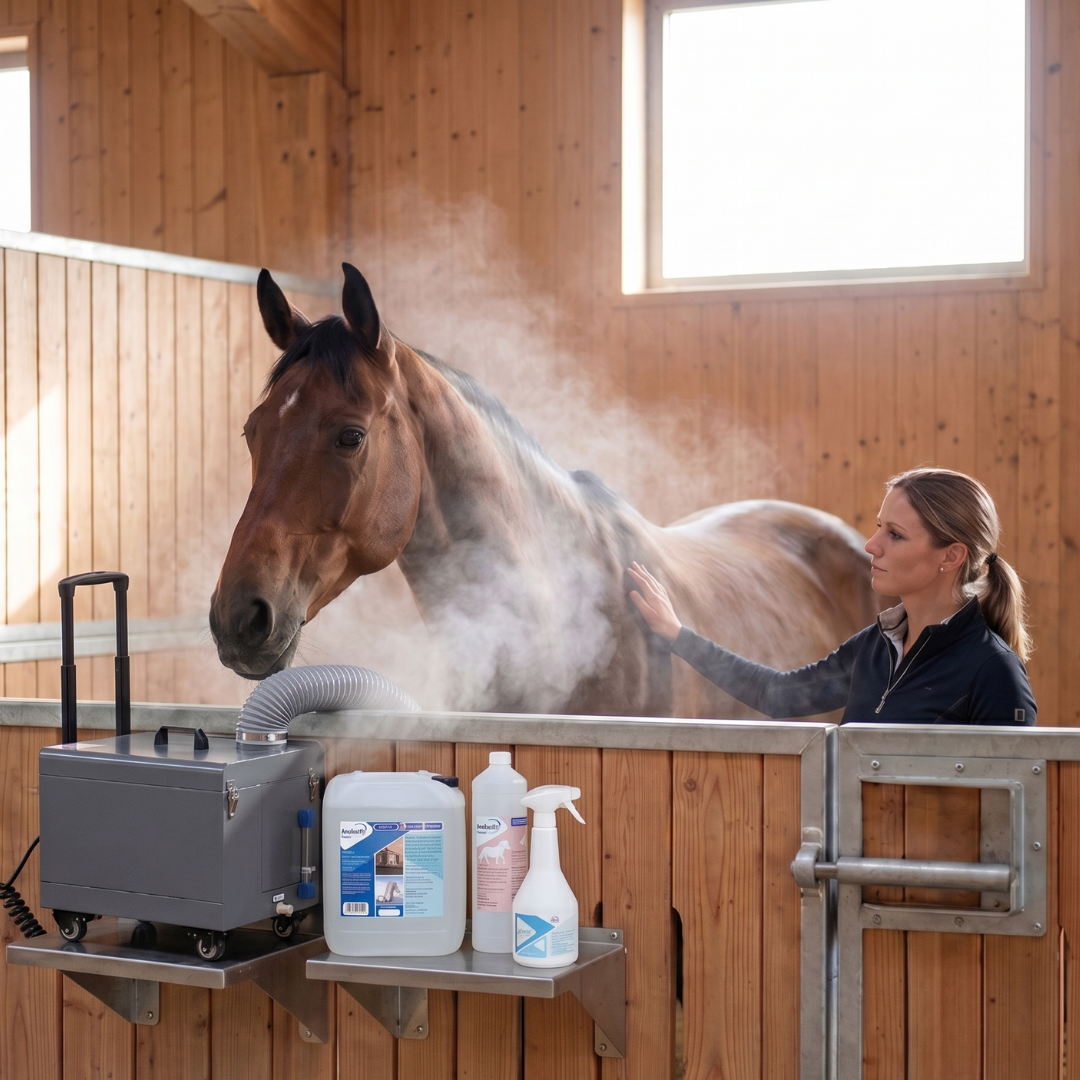Nahaufnahme eines braunen Pferdes bei der Atemwegsbehandlung in einer Stallbox. Eine Tierpflegerin steht daneben. Ein am Stallgitter montiertes Vernebelungsgerät vernebelt eine Solelösung. Die AnoKath Produktlinie (Sole, Atemfit, Medical) ist im Vordergrund auf einem Regal sichtbar.