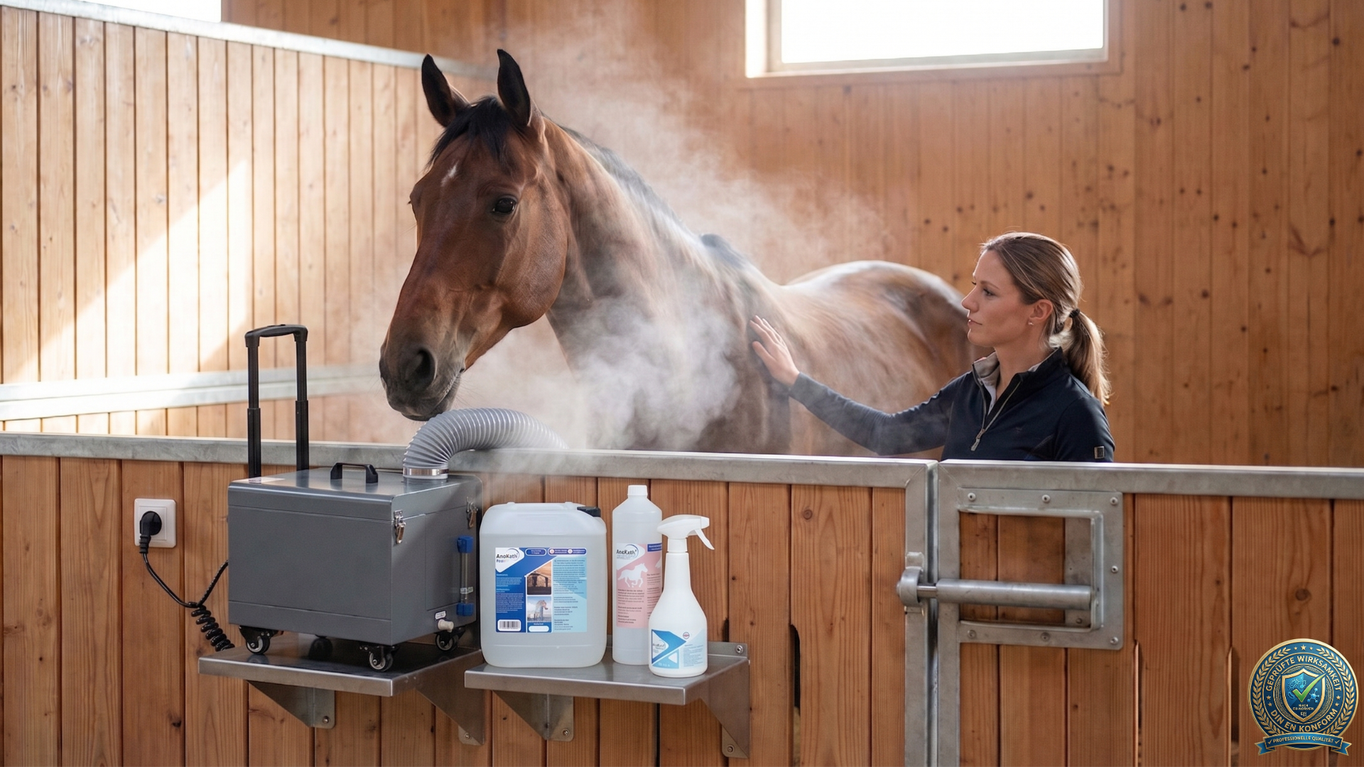 Nahaufnahme eines braunen Pferdes bei der Atemwegsbehandlung in einer Stallbox. Eine Tierpflegerin steht daneben. Ein am Stallgitter montiertes Vernebelungsgerät vernebelt eine Solelösung. Die AnoKath Produktlinie (Sole, Atemfit, Medical) ist im Vordergrund auf einem Regal sichtbar.