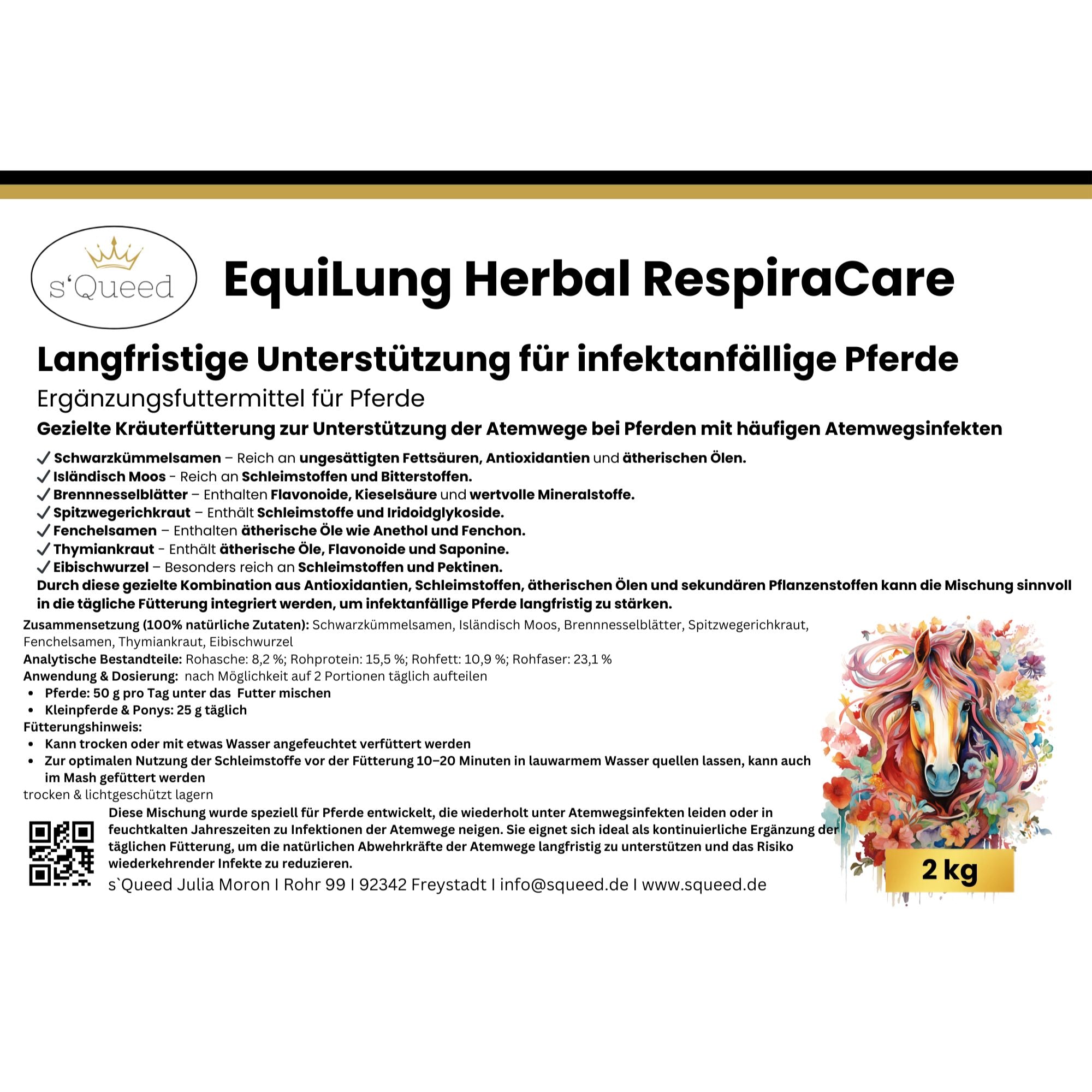 EquiLung Herbal RespiraCare – Mélange à base de plantes pour chevaux, destiné à une alimentation de longue durée en cas de problèmes respiratoires.