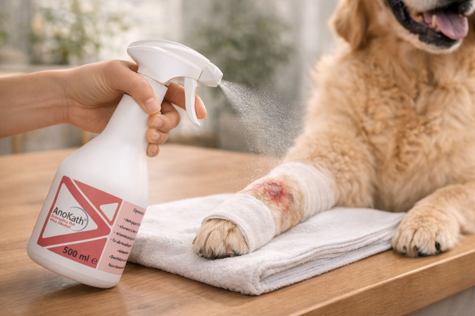 Wundsalbe Hund Spray Anwendung auf Pfote