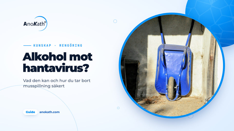 Blå skottkärra mot väggen på ett ljust skjul, omslagsbild till guiden om alkohol mot hantavirus