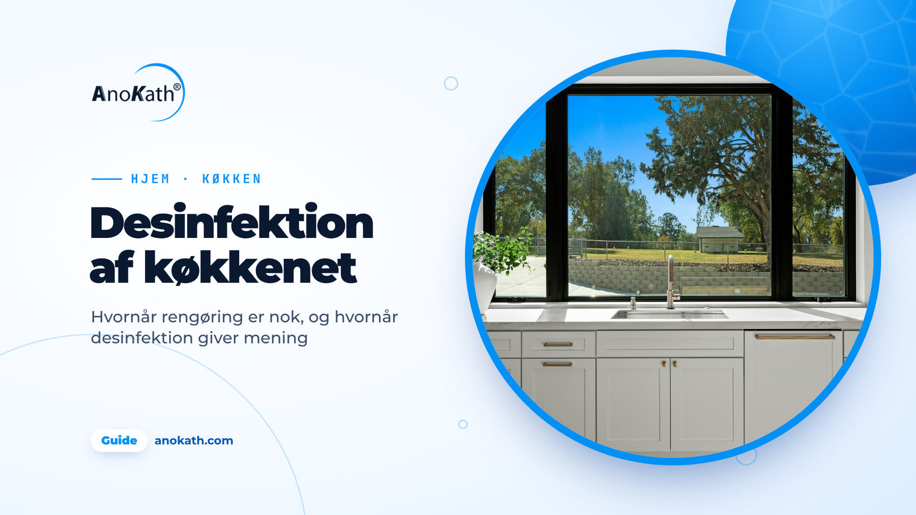 Lyst, ryddeligt køkken med vask og stort vindue, forsidebillede til guiden om desinfektion af køkkenet