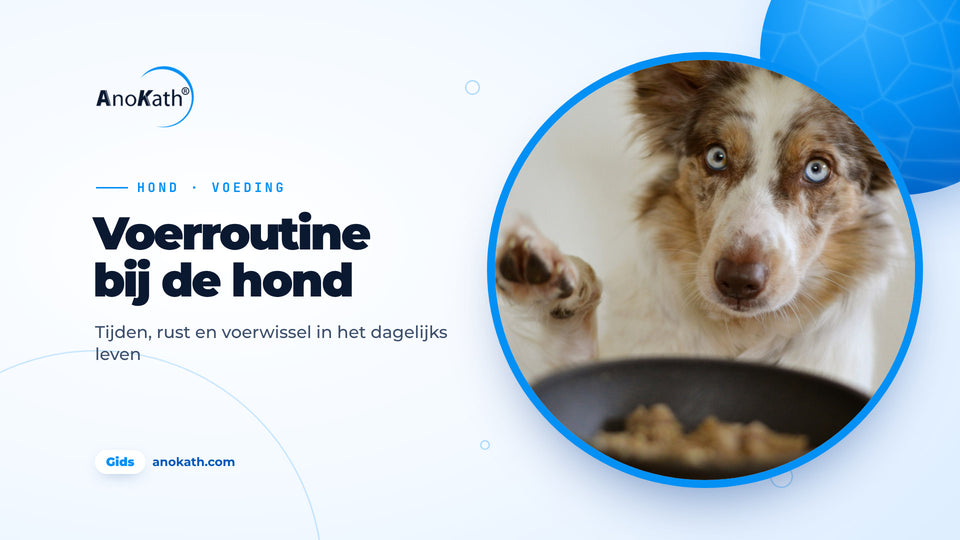 Hond met blauwe ogen tilt een poot op voor een gevulde voerbak, omslagafbeelding bij de gids over hond voeren