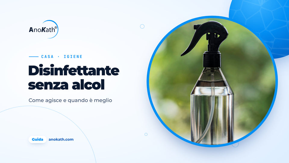 Flacone spray verde senza etichetta su un tavolo davanti a uno sfondo sfocato, immagine di copertina dell’articolo sul disinfettante senza alcol