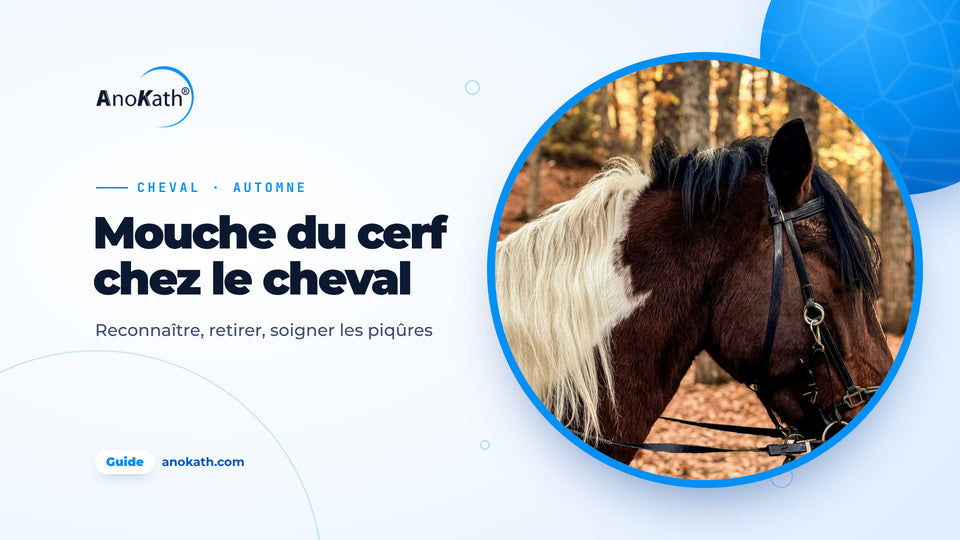Cheval pie brun et blanc à la crinière claire dans une forêt d’automne, image de couverture du guide sur la mouche du cerf chez le cheval