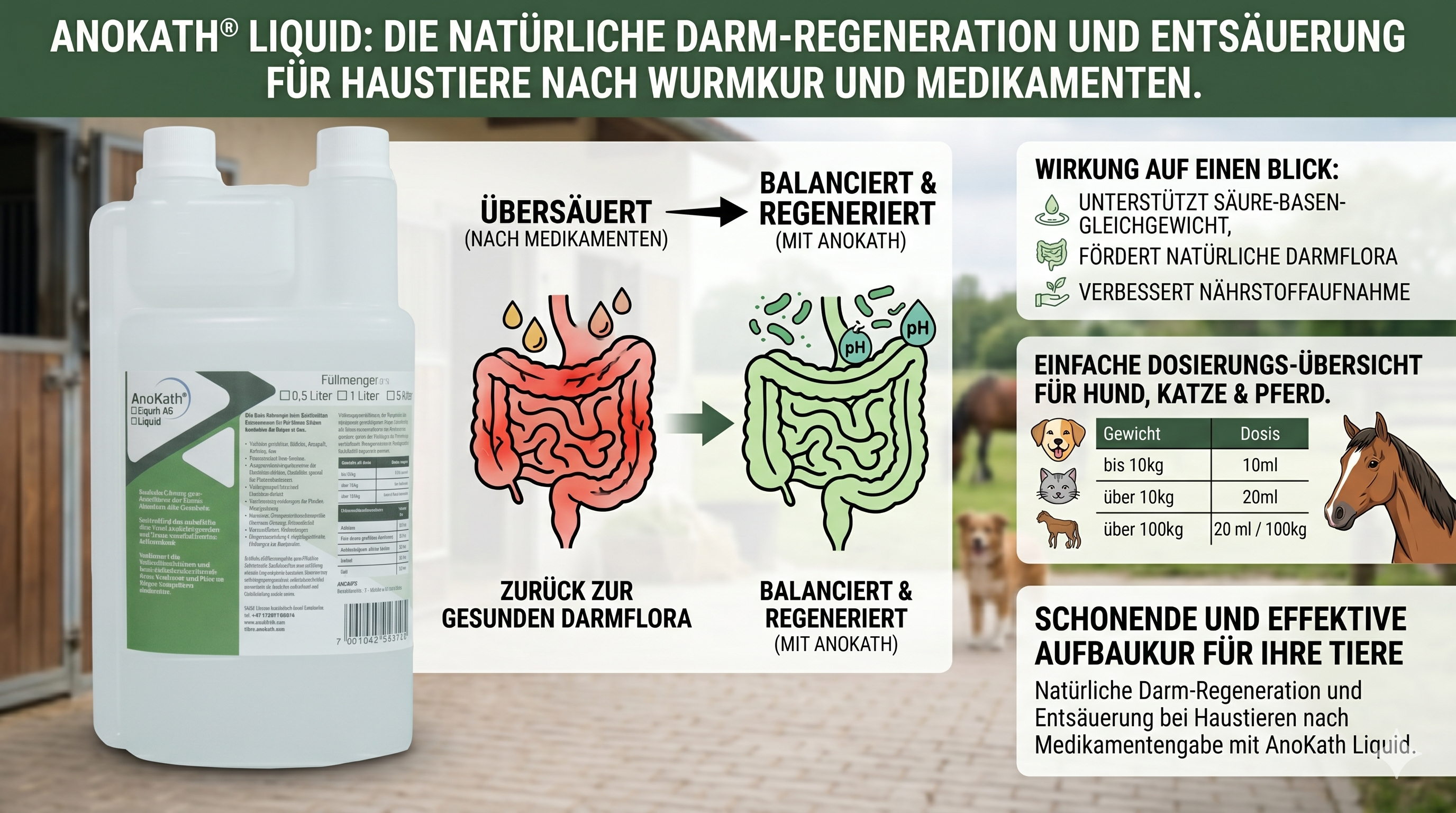 Natürliche Darm-Regeneration und Entsäuerung bei Haustieren nach Medikamentengabe mit AnoKath Liquid.