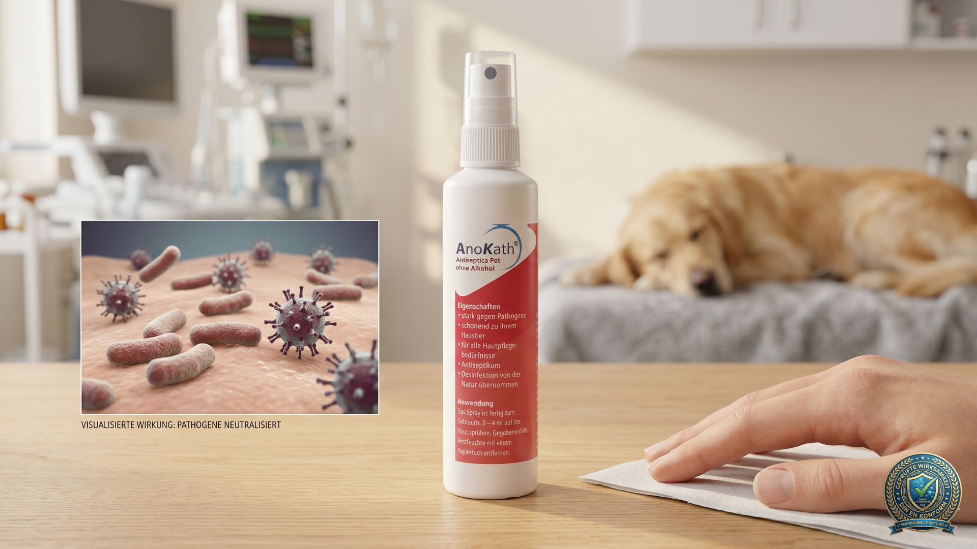 Schmerzfreie und hautschonende Wundversorgung bei Tieren mit dem alkoholfreien AnoKath AniSeptica Pet Spray.